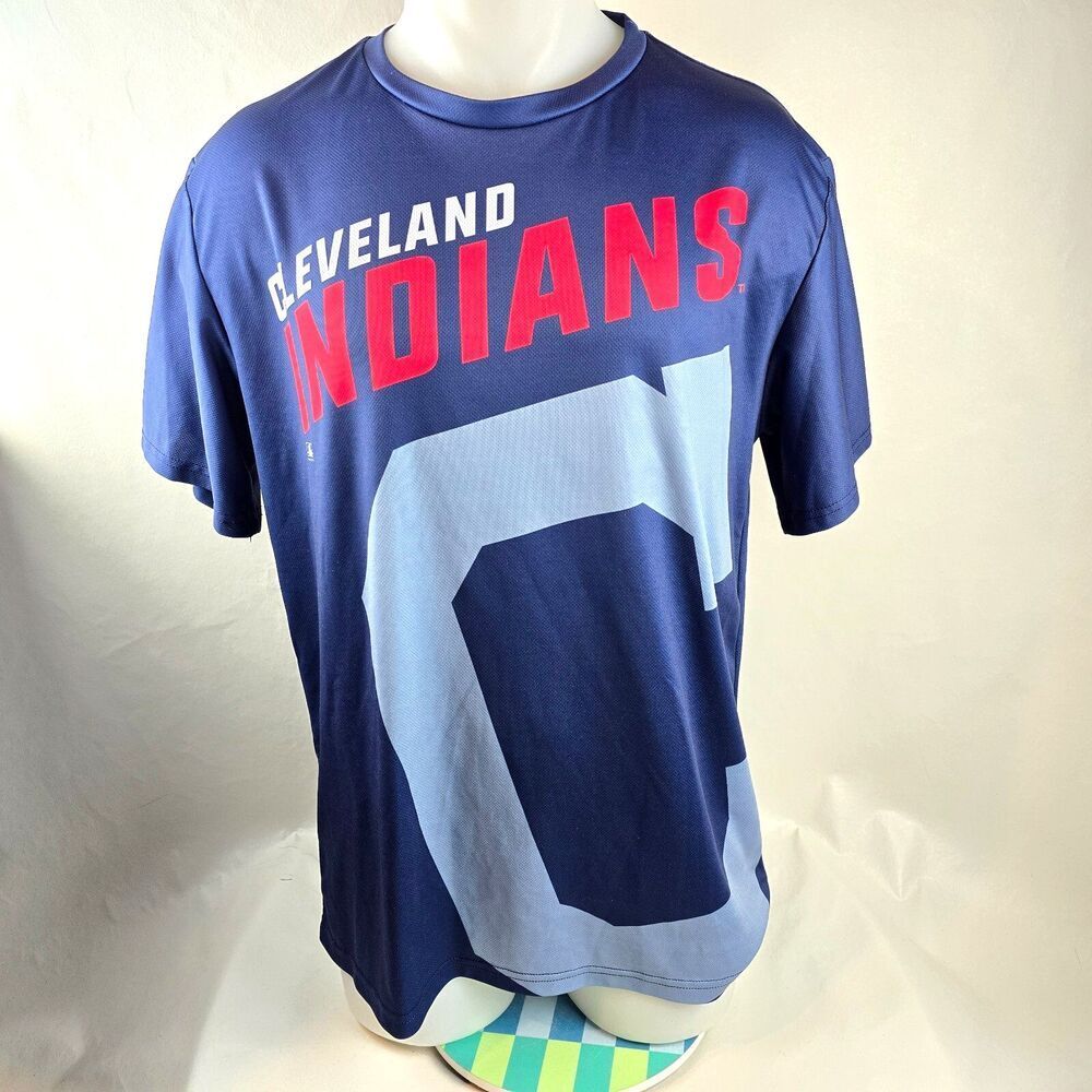 Cleveland Indians T Shirt Mens Large Blue MLB Performance Crew Neck Baseball
